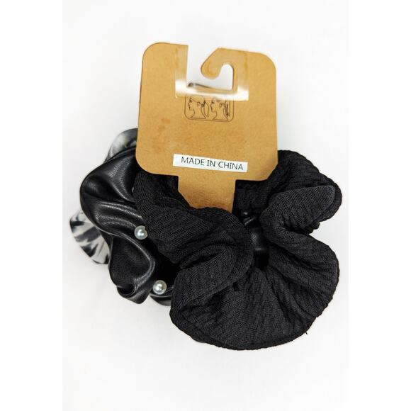 Black Hair Scrunchie Tie Dye Ponytail Pearl and Faux Leather Set of 3 - Picture 3 of 4